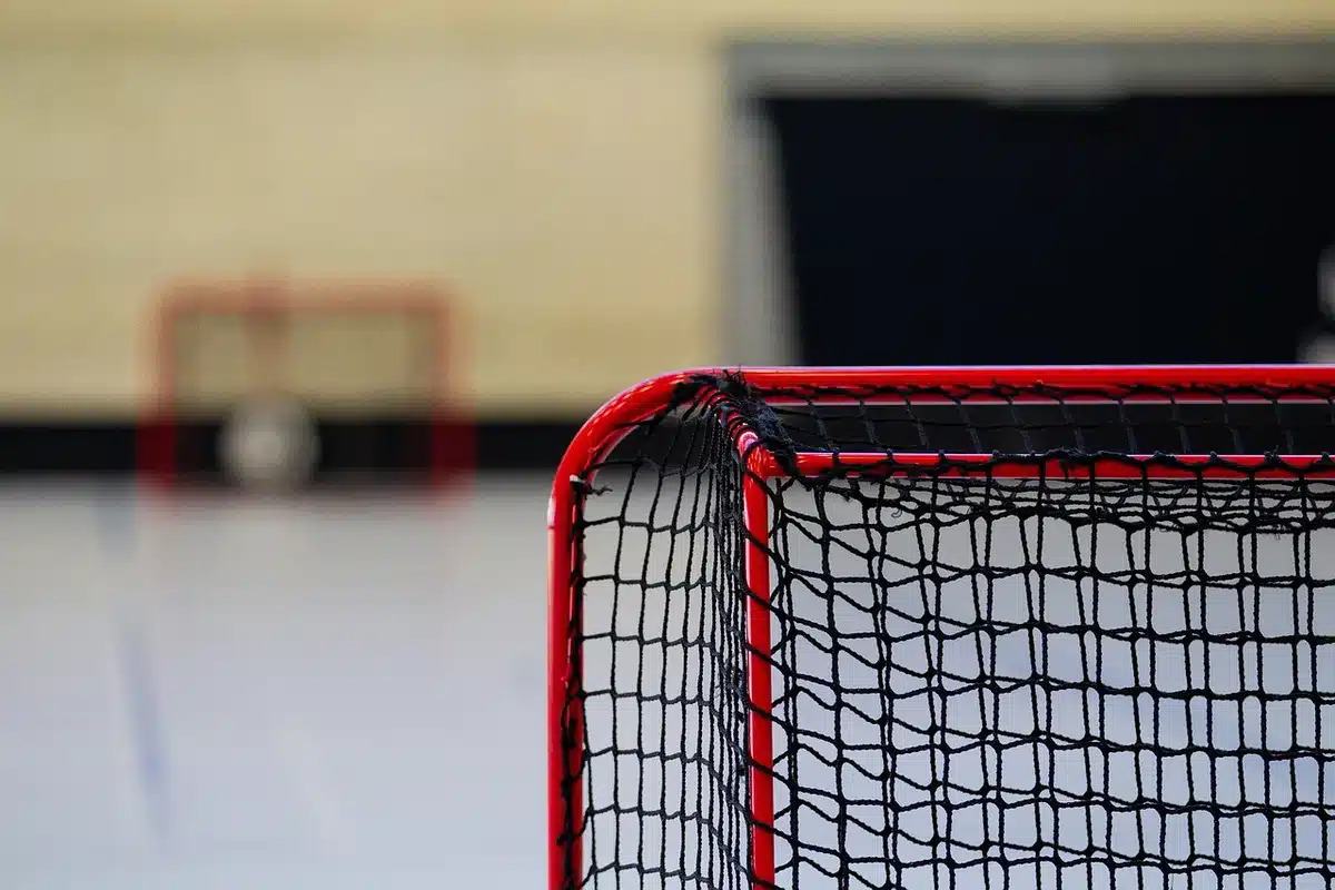 Jugador marcando gol en partido de hockey sobre césped durante torneo internacional
