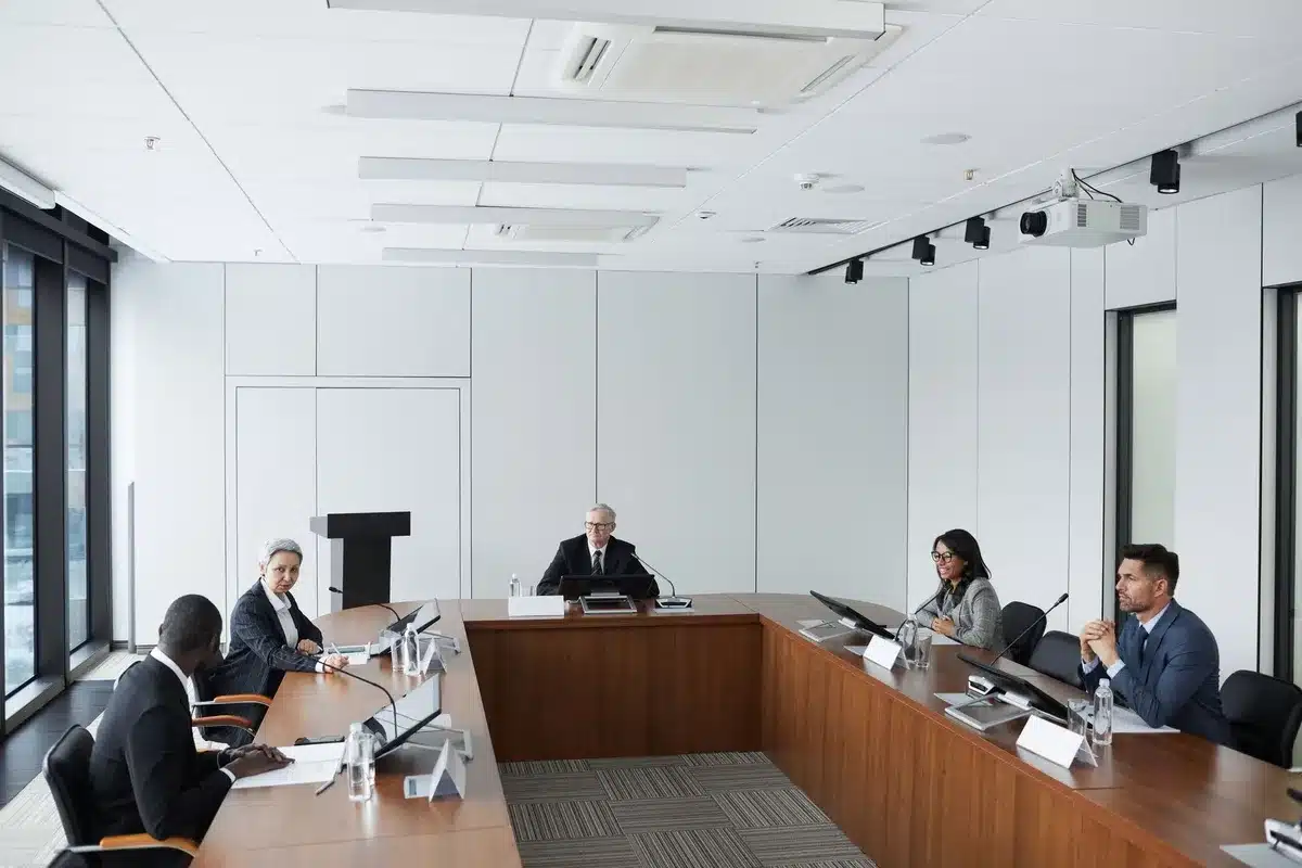 Funcionarios en una sala de reuni&oacute;n discutiendo propuestas