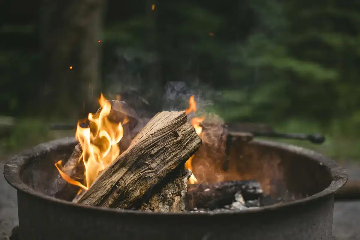 Parrilla con brasas y leña apilada, manos anónimas cuidando el fuego junto a un cerro arbolado