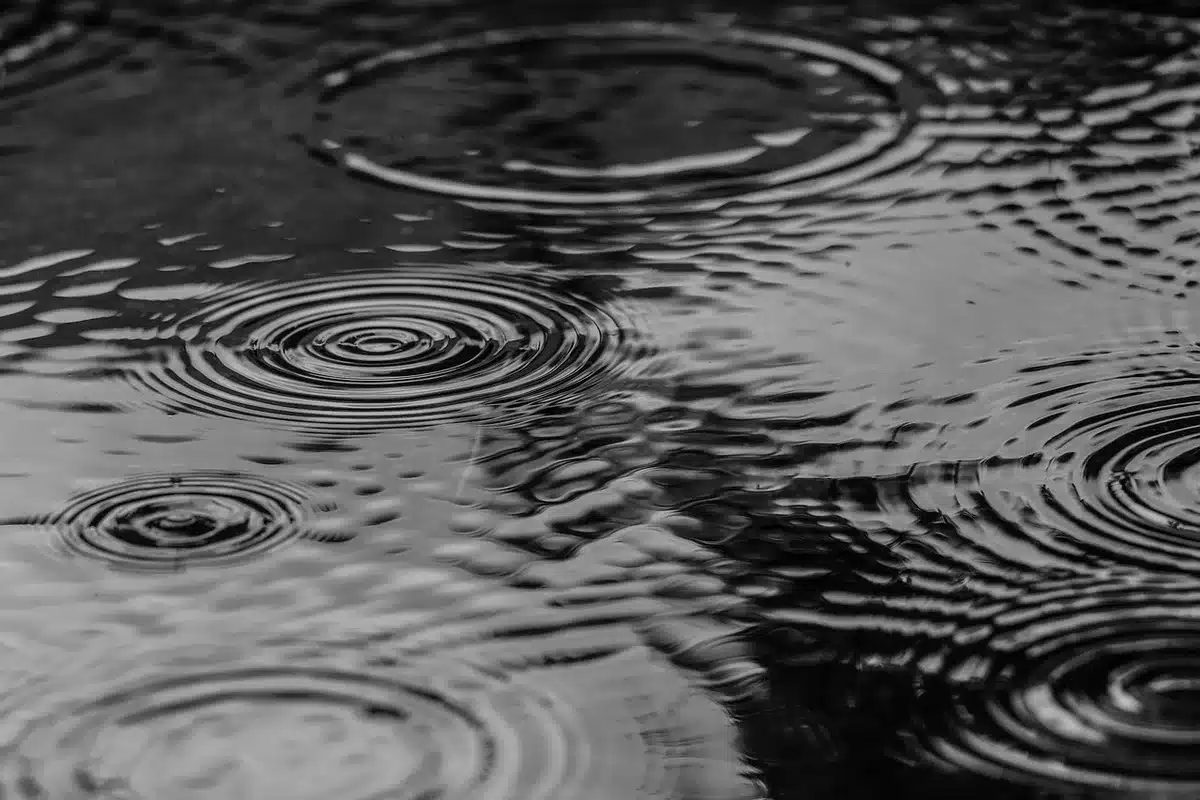 Peregrinos con capas plásticas caminando bajo la lluvia hacia una basílica